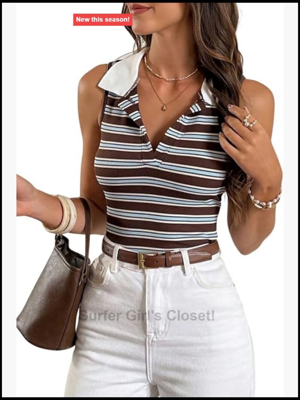 Verdusa Women's Striped Collared V Neck Sleeveless Tank Top Fitted Office Date
